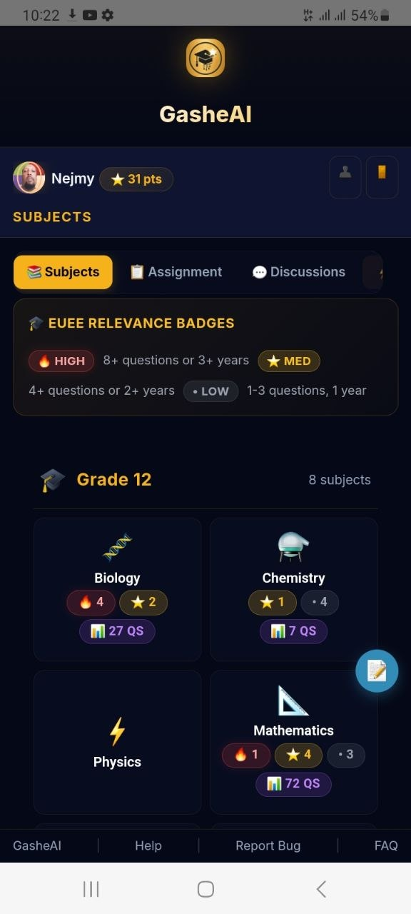 GasheAI Subjects Dashboard